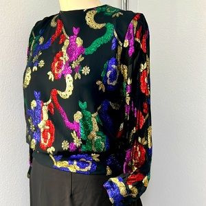 M Vintage Miss It women’s blouse. Black with multi colored metallic print